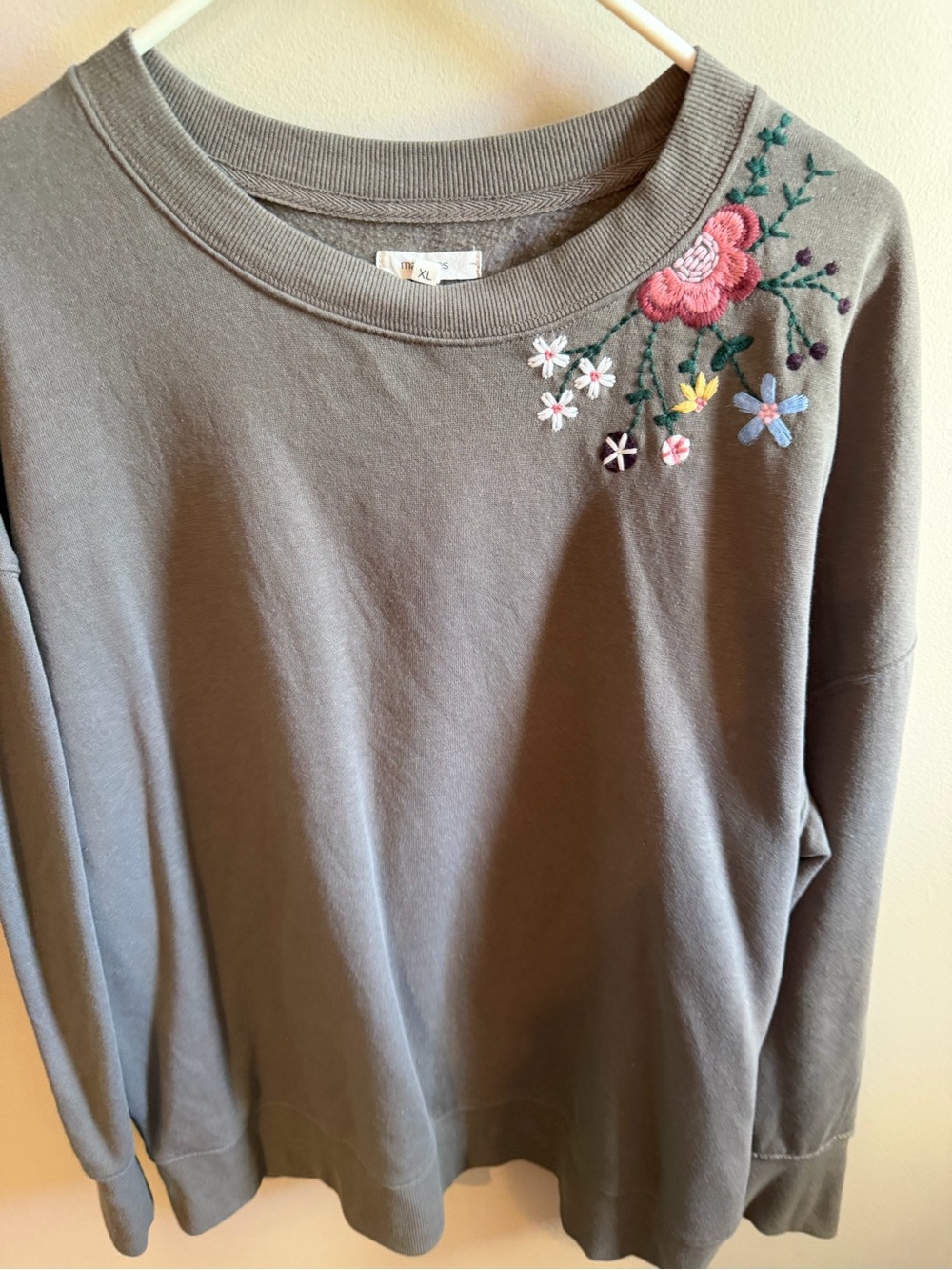 Maurices Taupe Crewneck Sweatshirt with Floral Embroidery